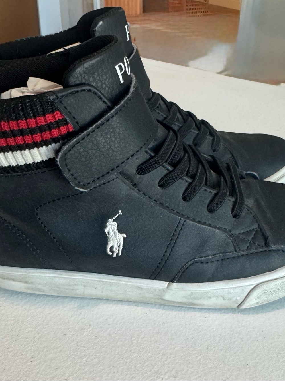 Polo by Ralph Lauren Black High-Top Sneakers with Red & White Knit Cuff-2Y